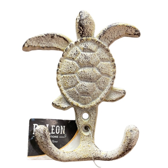 SET of 4 - Distressed White Sea Turtle Cast Iron Wall Hook Wall Décor 4 3/4” ea - Picture 2 of 3